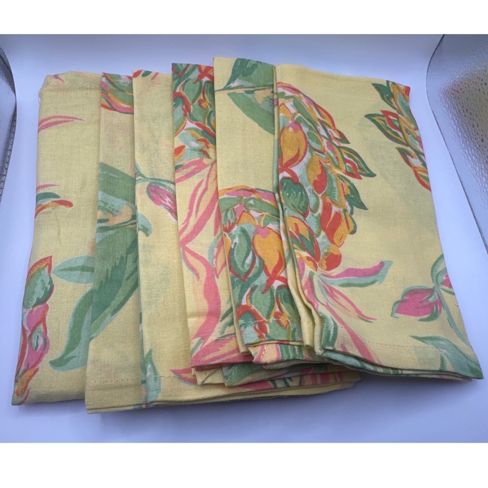 April Cornell Yellow Pineapple Cotton Napkins Set of 6 Tropical Botanical Print